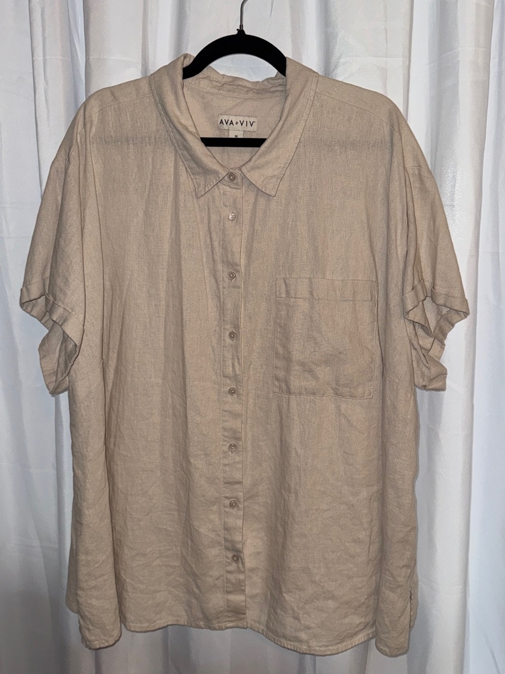 Ava & Viv Neutral Beige Short Sleeve Button-Down Shirt